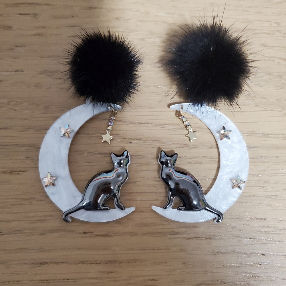 Black Cat Pom Pom Gothic Celestial Moon And Stars Earrings - Picture 3 of 7